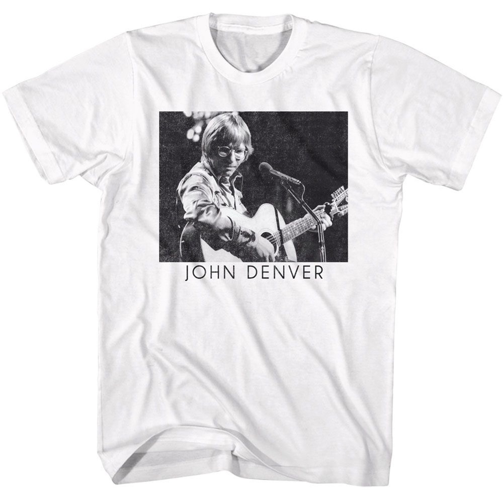 John Denver Playing Guitar BW White T-Shirt